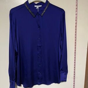 Chico's Deep Blue Embellished Collar Button-Up Blouse